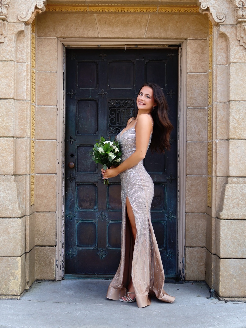 Size 2 Sherri Hill dress. Waist cutout and side slit. Fully beaded.
